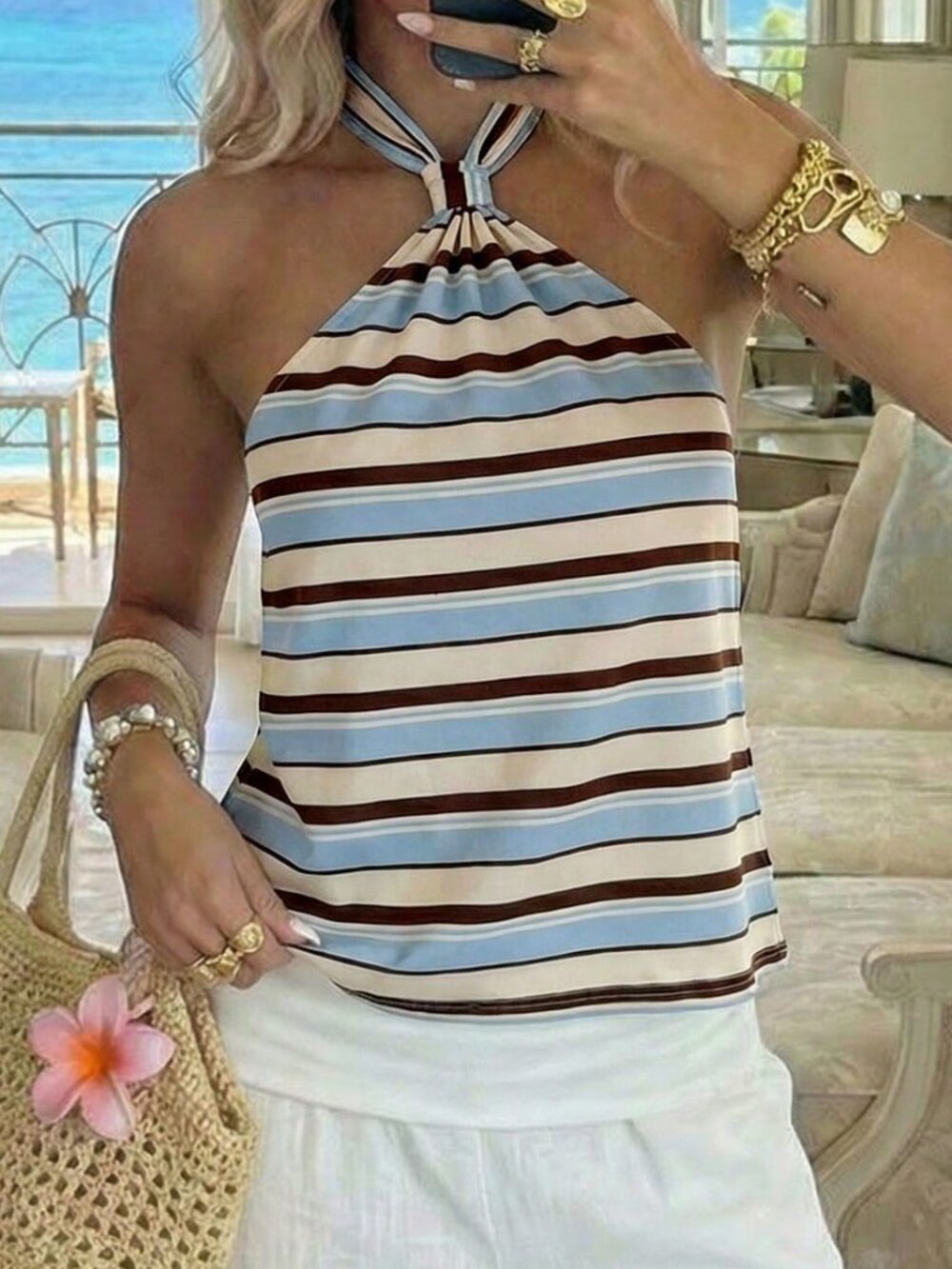 Multicolor Casual Women's Halter Neck Blouse Striped Top